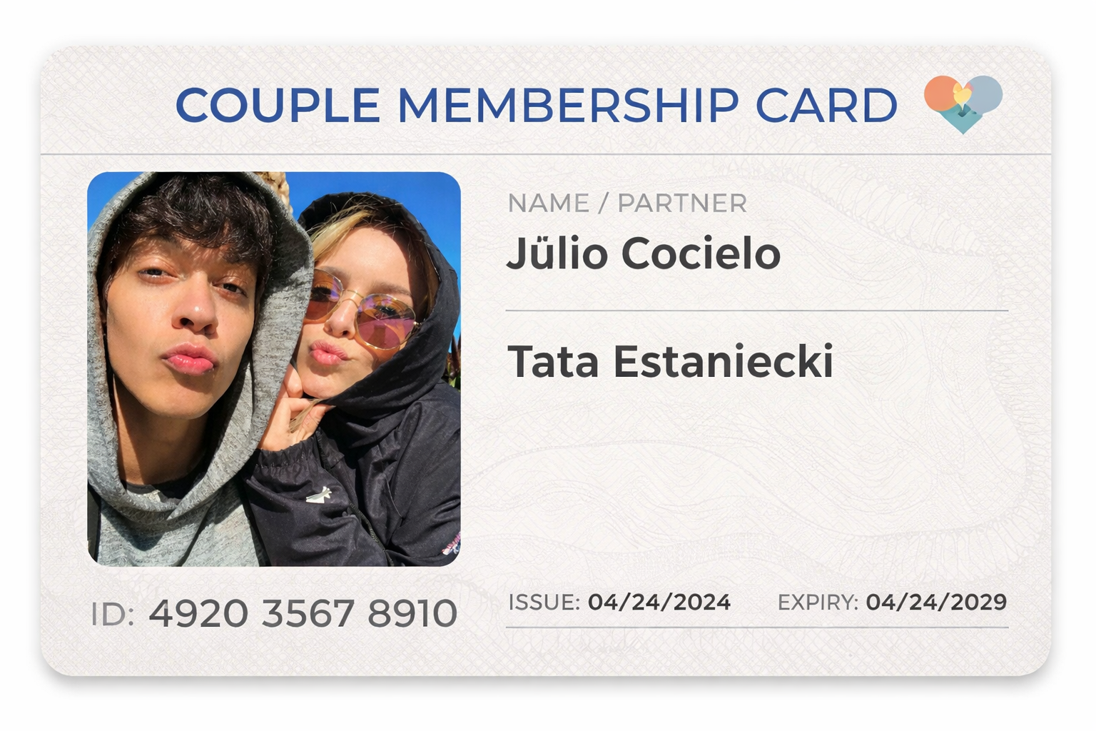 Real example in international couple membership card style