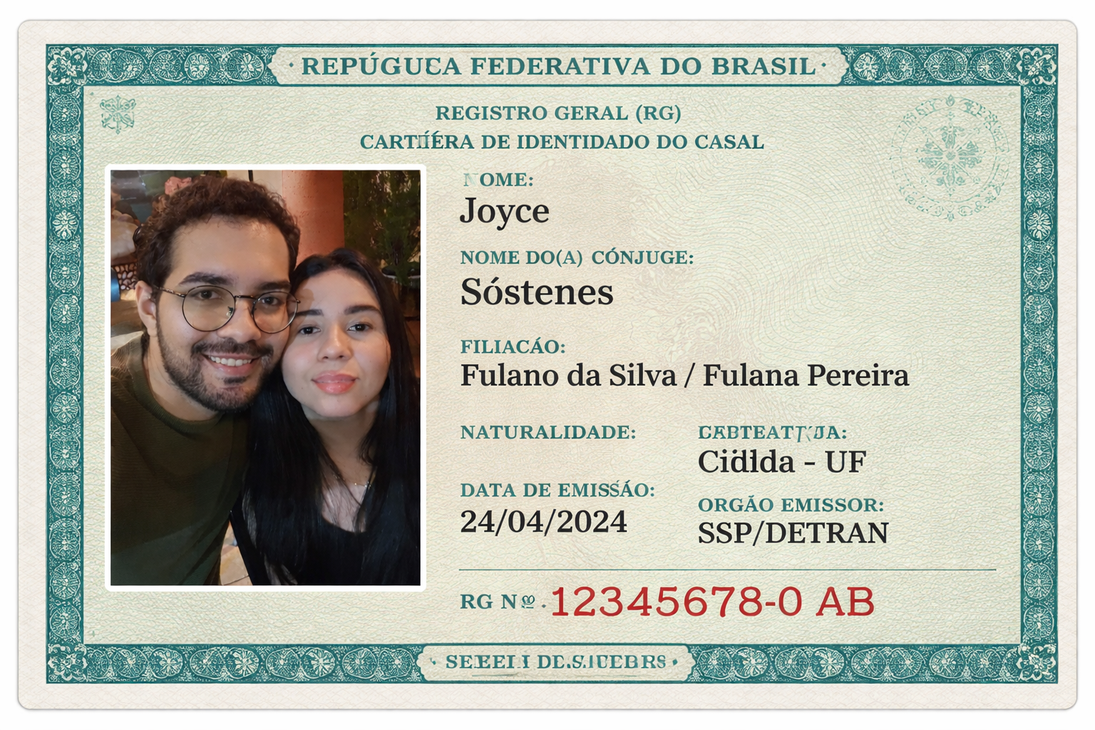 Real example in Brazilian RG souvenir style with couple photo
